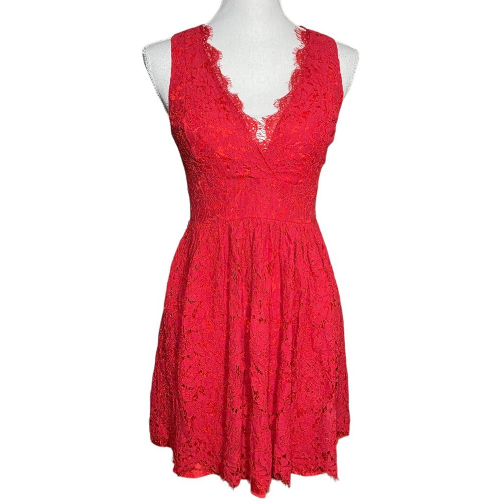 Lulus Lace Dress S Allover Surplice V-Neck A-Line Skater Eyelash Scalloped Red - Picture 2 of 13